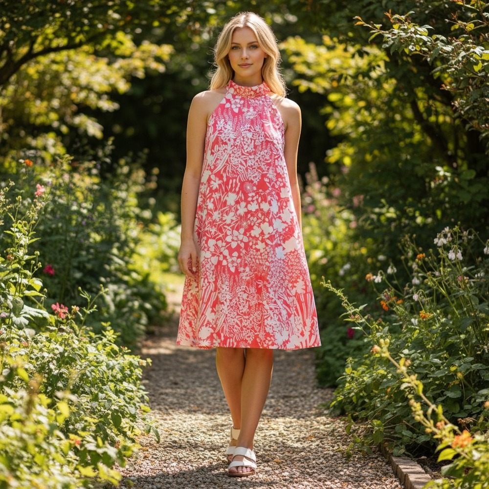 Tuckernuck Dress Women's S Pink White Floral Ruffle High Neck A-Line Sleeveless